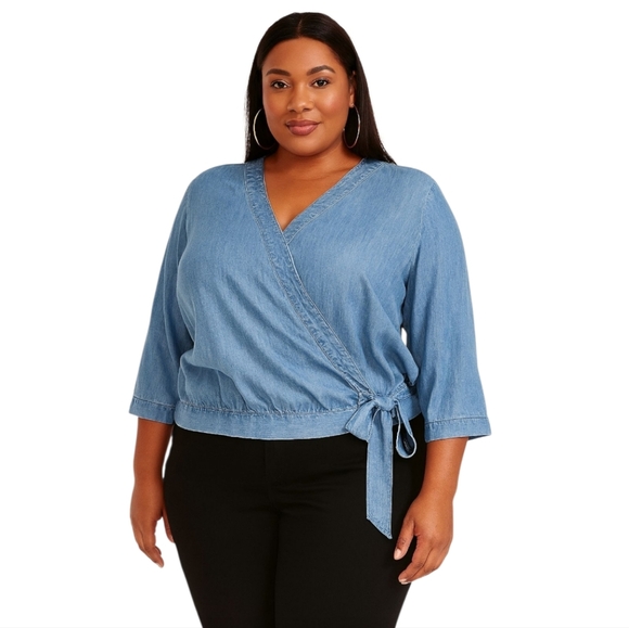Cato Women's Blue Denim Faux Wrap Blouse Top Size 22W 24W - Picture 1 of 6